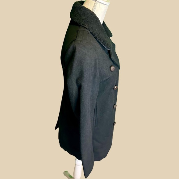 NWT Members Only Fur Collar Black Wool-Blend Double-Breasted Pea Coat Sz Small - Picture 12 of 15